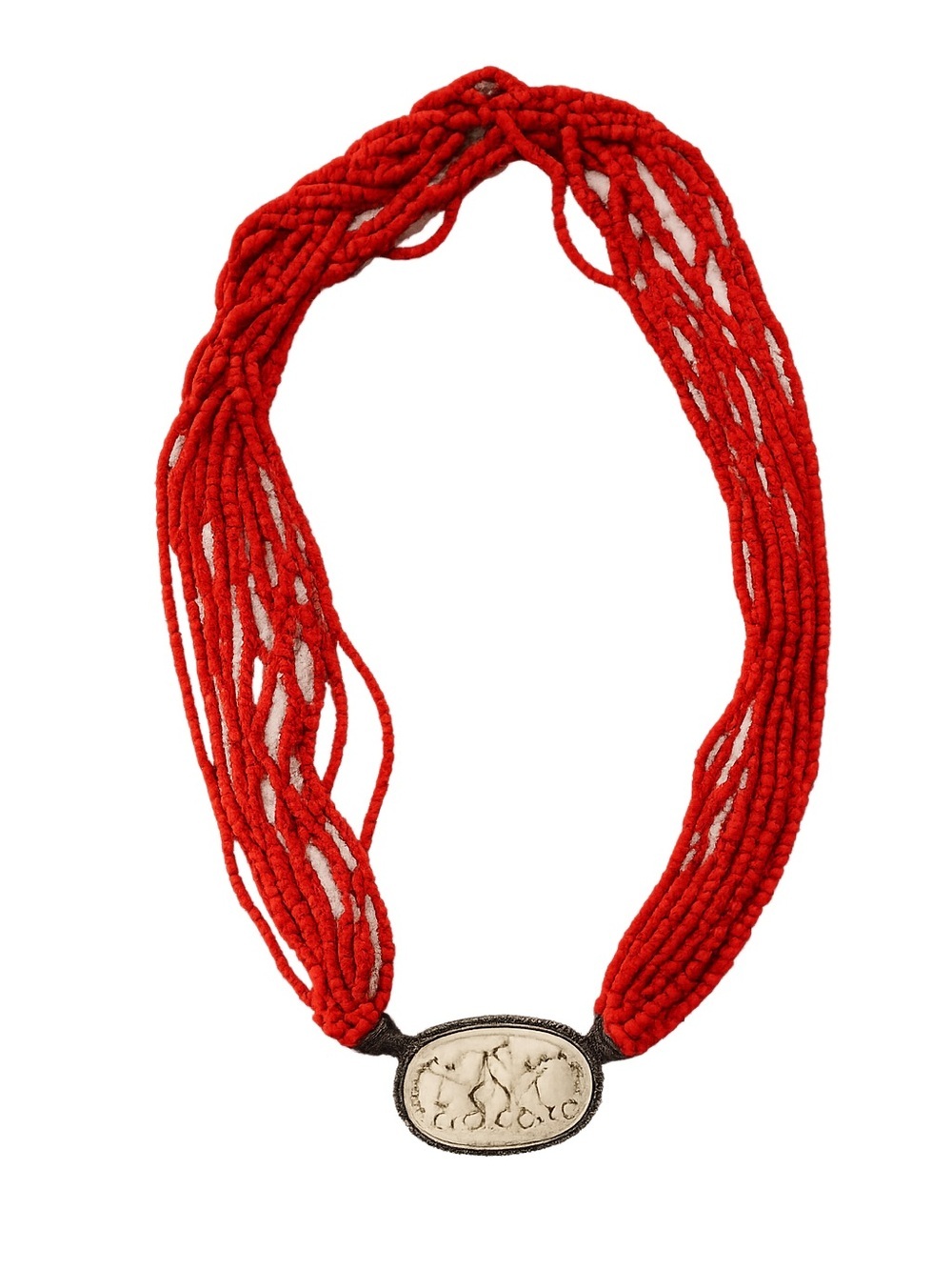 Statement Red Multi-Strand Seed Bead Necklace Silver Pendant Boho Artisan Resort - Picture 2 of 4